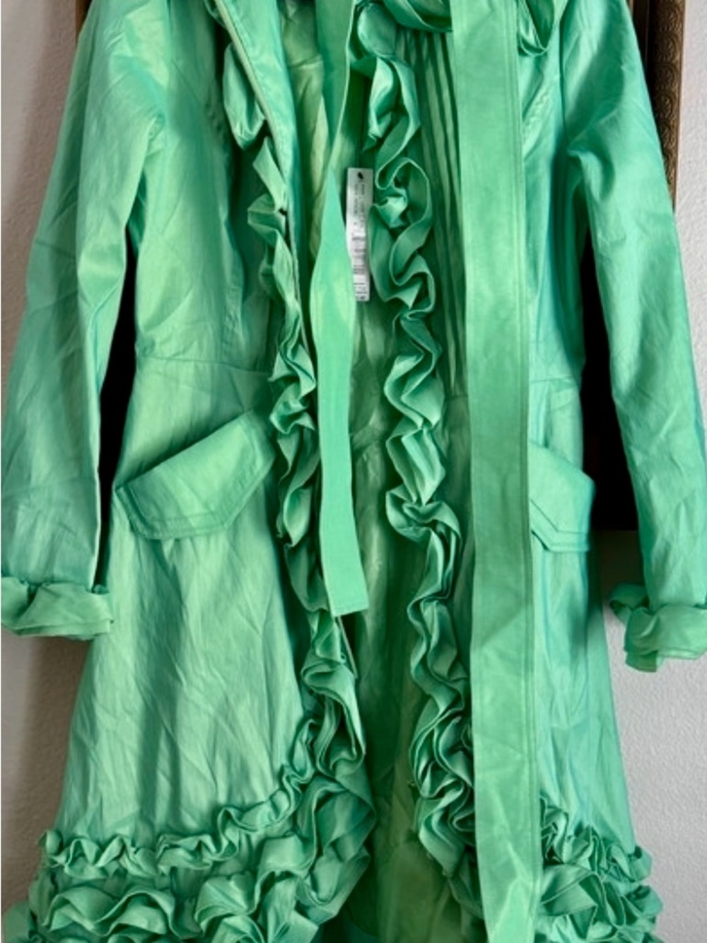 Samuel Dong Mint Green Ruffle-Trim Trench Coat
